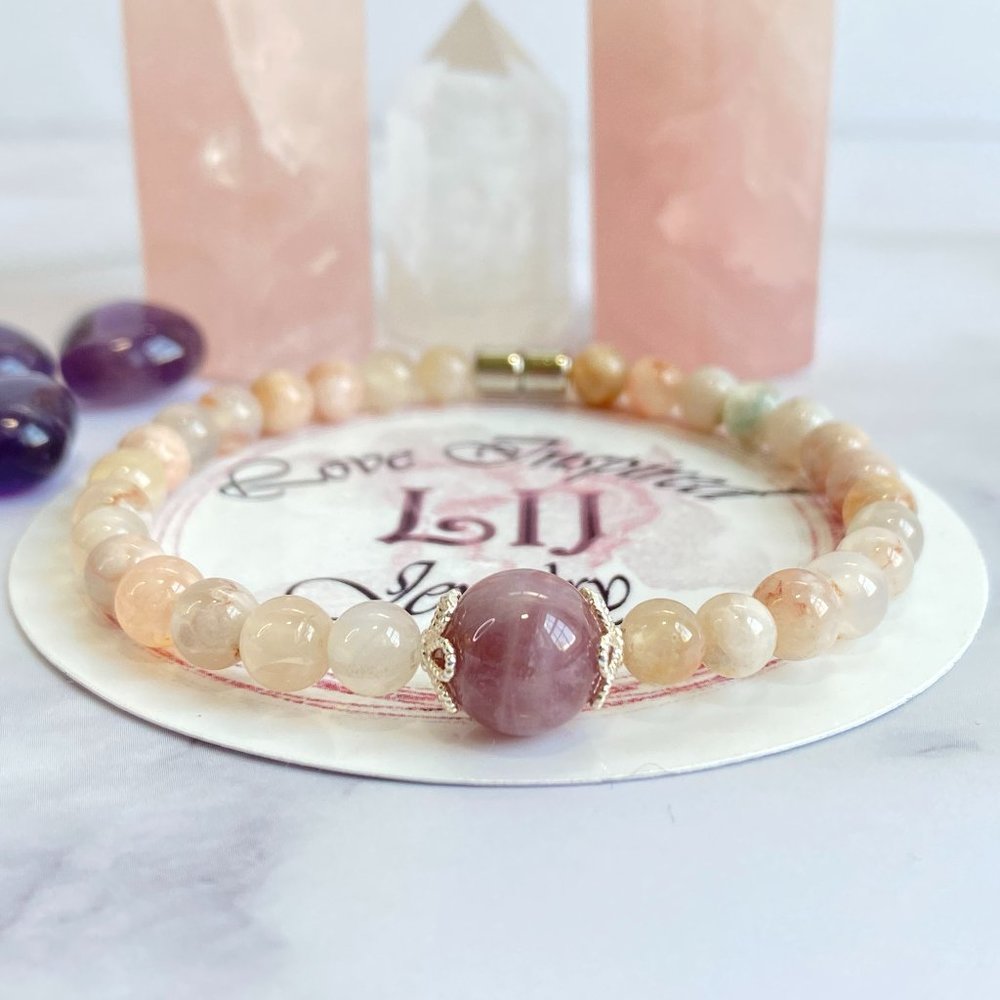 Cherry Sakura Agate Rose Quartz Bracelet for Women with Stone, Healing bracelet